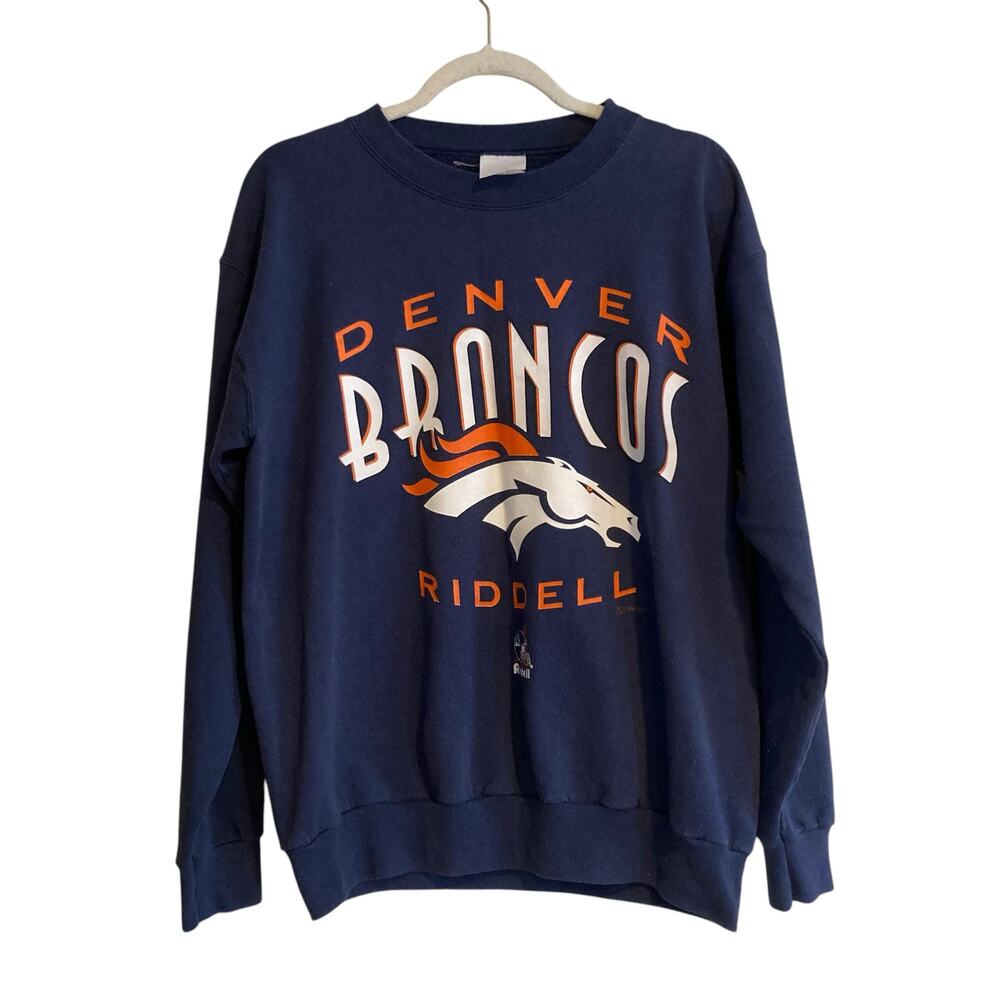 Vintage 1999 Denver Broncos Navy Crewneck Sweatshirt NFL Riddell Large - Picture 2 of 16
